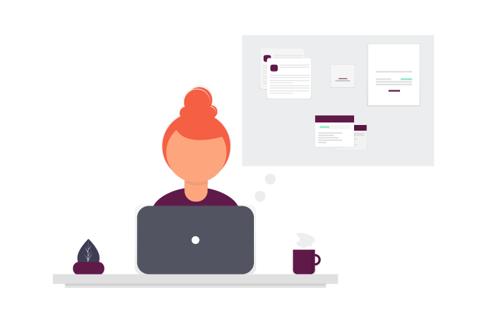 Illustration of a woman working on her laptop and a visualisation of the documents she's investigating.