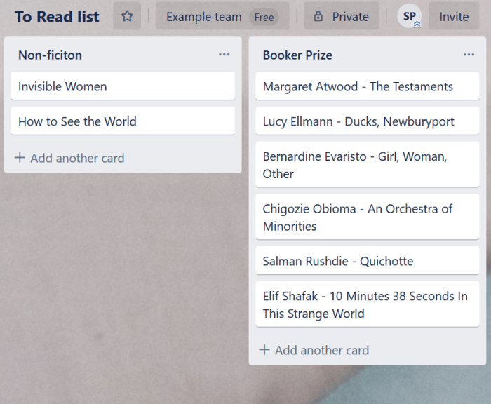A screenshot from a To Read Trello board, of columns for Non-fiction and Booker Prize, with book titles in the cards.